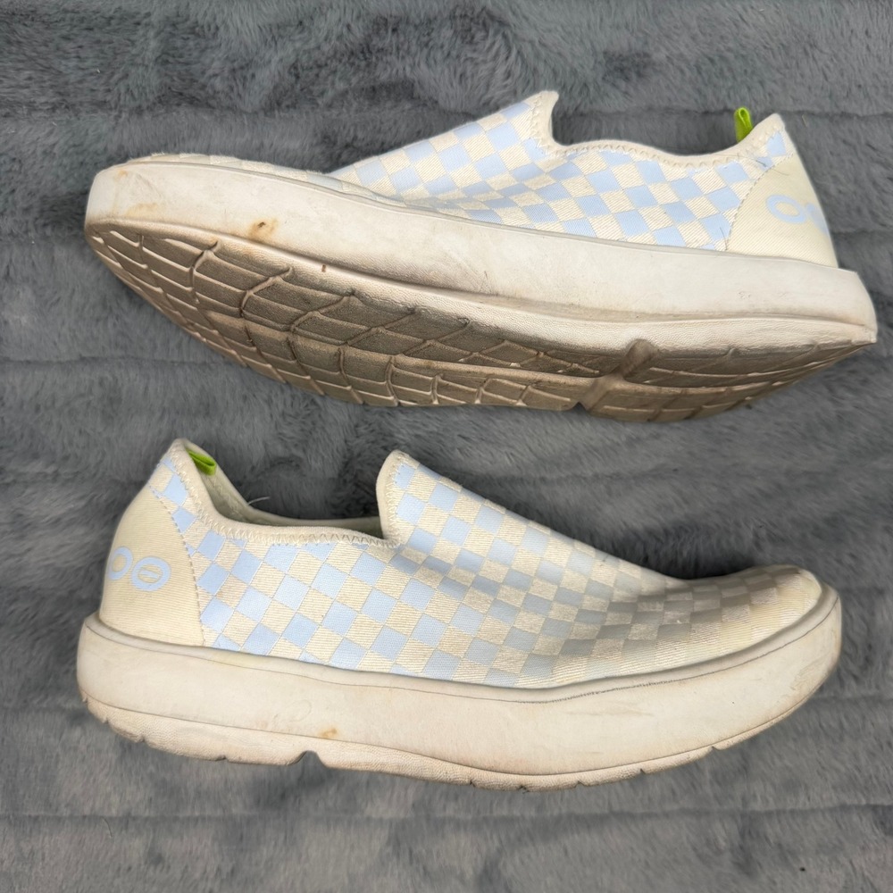 Oofos OOmg Low EEZEE Recovery Shoes Blue White Checkered Slip On Womens 9